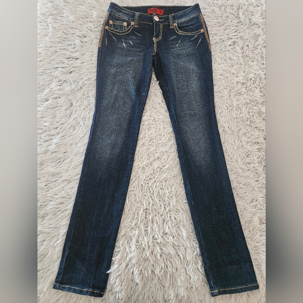 Zanadi Skinny Jeans Dark Blue with Gold & Beige Embelishments Juniors 7 Womens 4